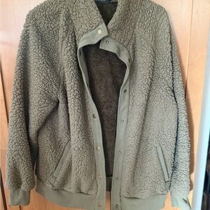 Olive Sherpa Bomber Jacket with Snap Front